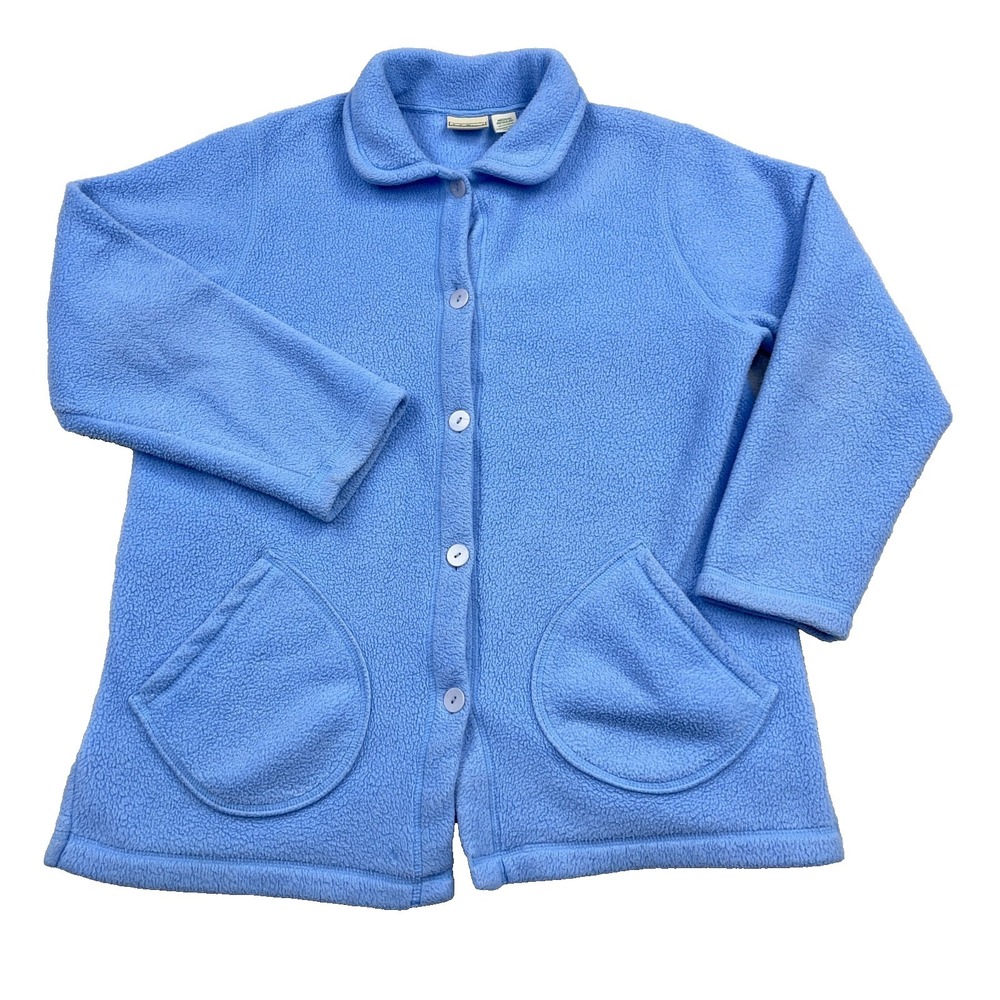 LL Bean Sweater Women Women Medium Blue Fleece Button Up Cardigan Shacket Unline